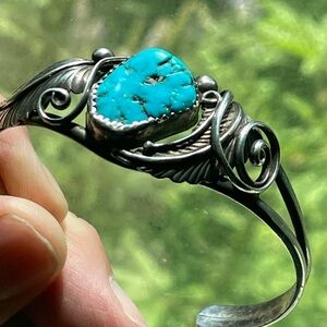 B.Yazzie Signed Sterling Silver with Turquoise Cuff Bracelet